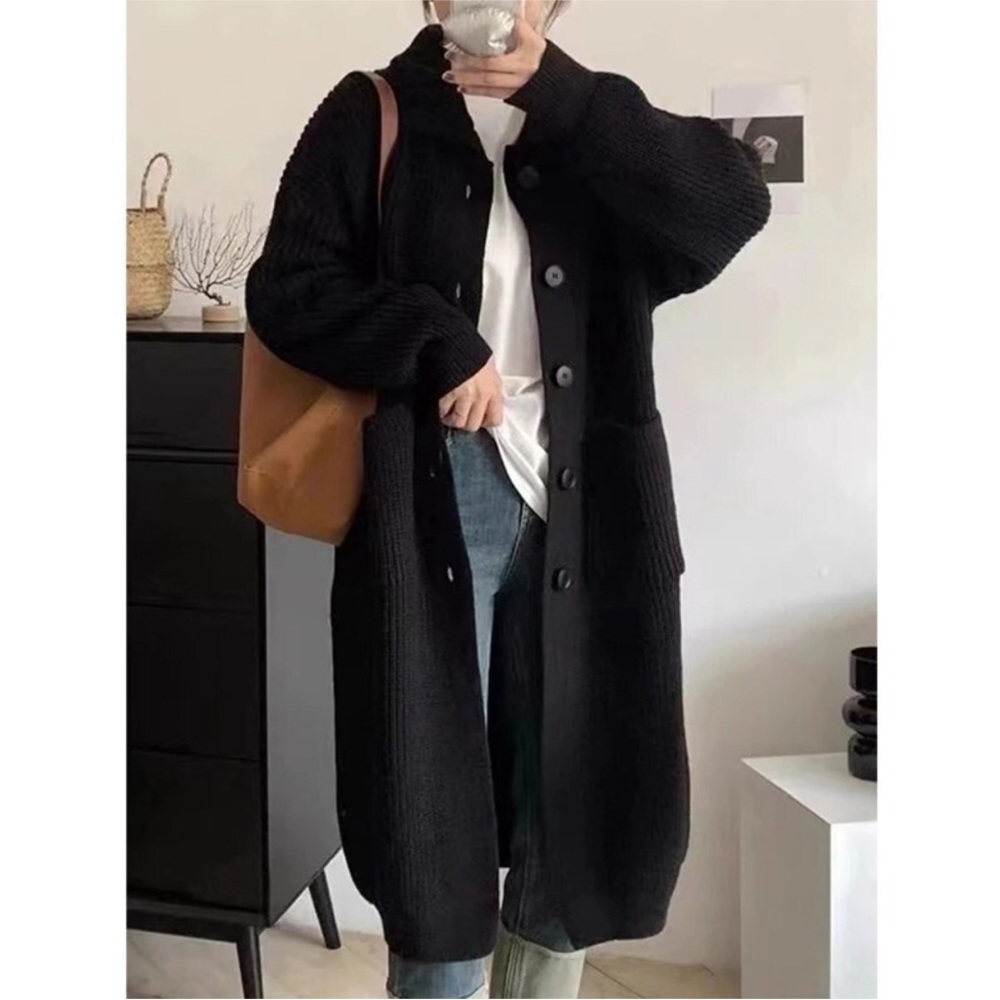 #7 GORGEOUS Long Below Knee Button Black Cardigan Sweater